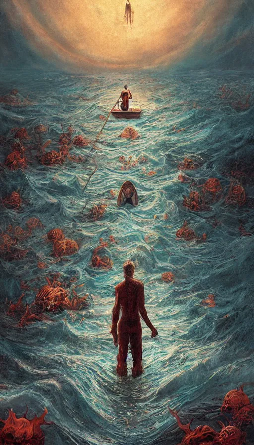 Prompt: man on boat crossing a body of water in hell with creatures in the water, sea of souls, by sam spratt