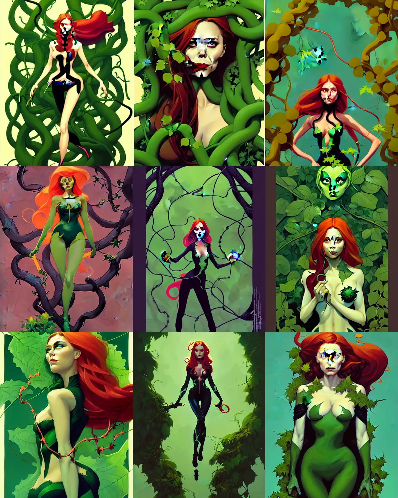 Prompt: peter mohrbacher, phil noto comicbook cover art, elizabeth olsen as poison ivy clothed in vines