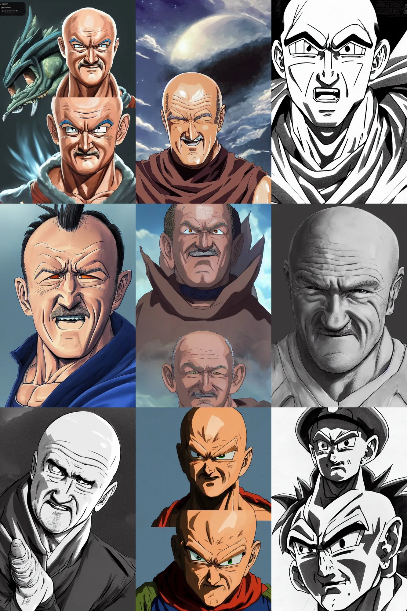 Prompt: 3 0 years old gene hackman!!! big face close up concept art of gene hackman as a dragon ball character, beautiful landscape, 4 k anime character illustration by akira toriyama, artstation