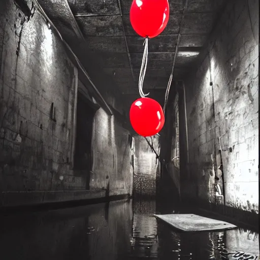 Image similar to down in the sewers of london, dark damp atmosphere, water dripping from the moss covered ceiling, a red balloon with a string attached is floating above the water