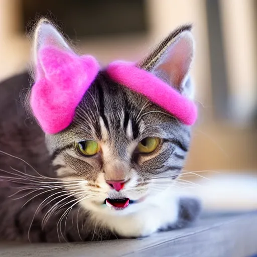 Image similar to cute cat photo licking tongue sticking out, wearing wool hat cat ears