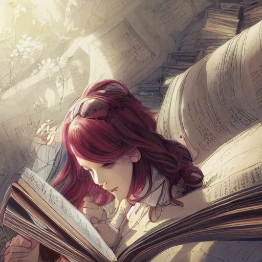 Prompt: a girl reading a book, hair flowing down, color page, 4 k, tone mapping, akihiko yoshida, james jean, andrei riabovitchev, marc _ simonetti, yoshitaka amano, digital illustration