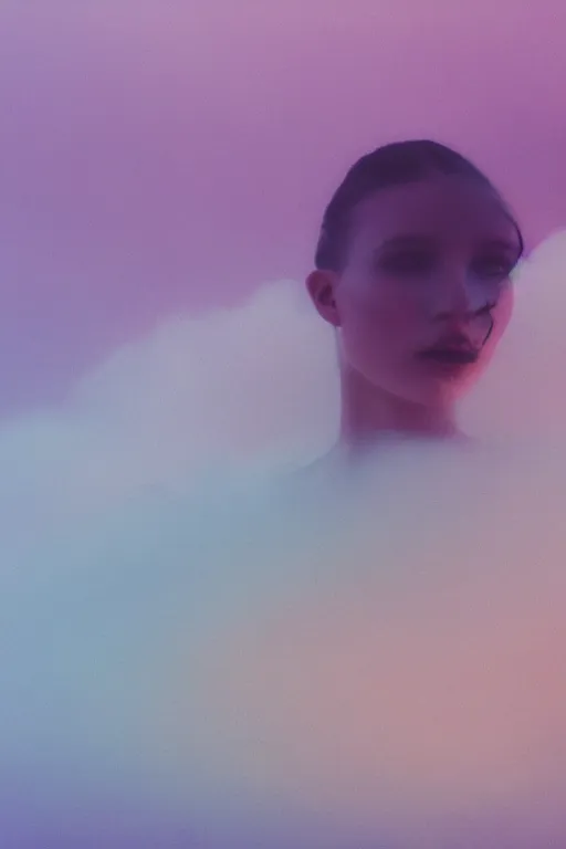 Image similar to high quality pastel coloured film close up wide angle photograph of a model wearing clothing swimming on cloud furniture in a icelandic black rock!! environment in a partially haze filled dreamstate world. three point light, rainbow. photographic production. art directed. pastel colours. volumetric clouds. pastel gradient overlay. waves glitch artefacts. extreme facial clarity. 8 k. filmic.