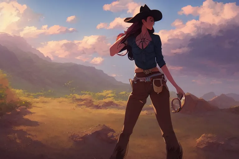 Prompt: single subject digital art of a western cowgirl western girlfriend, scenic full shot, ambient lighting, detailed face, by makoto shinkai, stanley artgerm lau, wlop, rossdraws