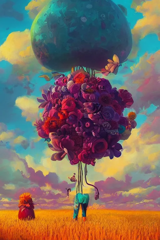 Image similar to closeup, giant flower as a head, girl surrounded by djungle, surreal photography, golden hour, colorful clouds, impressionist painting, digital painting, artstation, simon stalenhag