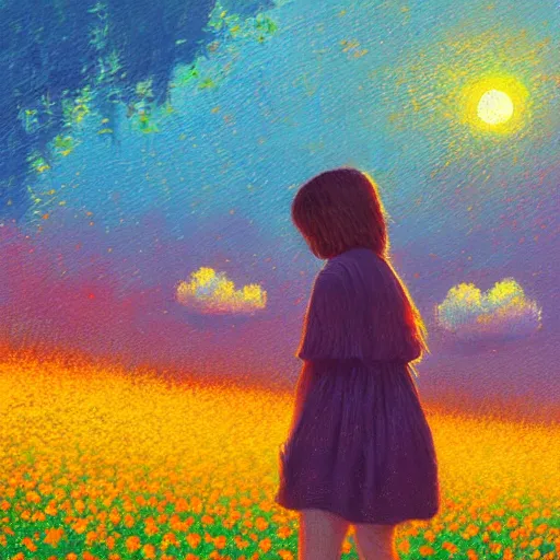 Image similar to girl with head made of flower, standing in a flower field, big trees, sunrise dramatic light, impressionist painting, colorful clouds, digital painting, pointillism, artstation, simon stalenhag