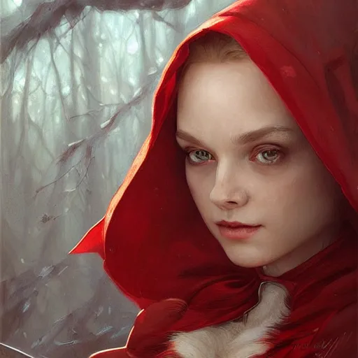 Prompt: Beautiful face Portrait of Little Red Riding Hood with a white panther, intricate, wild, highly detailed, digital painting, artstation, concept art, smooth, sharp focus, illustration, art by artgerm and greg rutkowski and alphonse mucha, footage from space camera