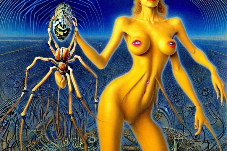 Image similar to realistic extremely detailed portrait painting of a fully dressed woman with a giant spider, futuristic sci-fi landscape on background by Jean Delville, Amano, Yves Tanguy, Ernst Haeckel, Edward Robert Hughes, Roger Dean, rich moody colours, blue eyes