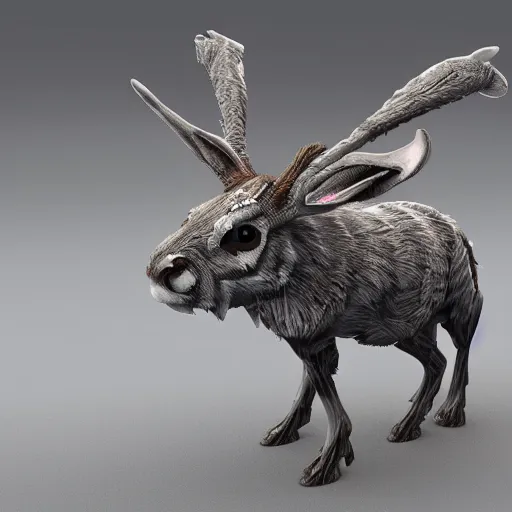 Image similar to cyborg jackalope cyberpunk, 3D render, 8k HD, centered, simple design