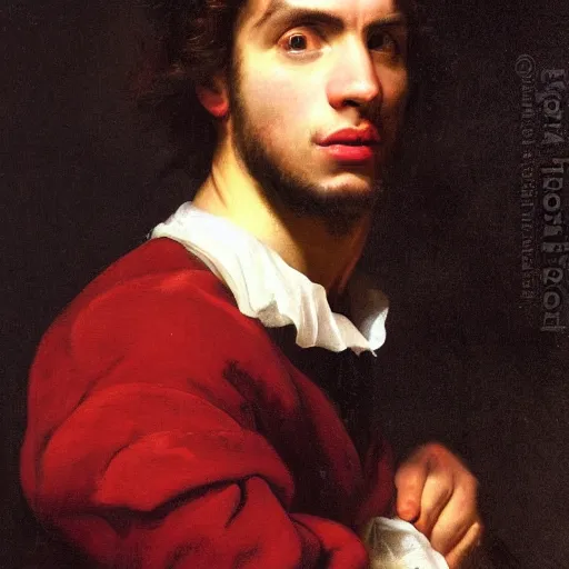 Prompt: portrait of a young gentleman in the style of valentin de boulogne, beautiful landscape in the background