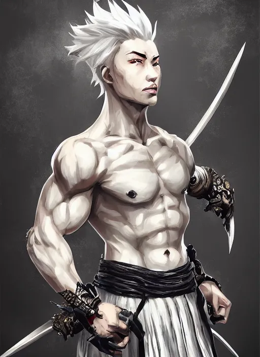 Image similar to a highly detailed illustration of fierce short white haired parted through the middle young attractive asian man, wearing hakama, with black sclera eyes, heroically battle posing, muscular, intricate, elegant, highly detailed, centered, digital painting, artstation, concept art, smooth, sharp focus, league of legends concept art, WLOP