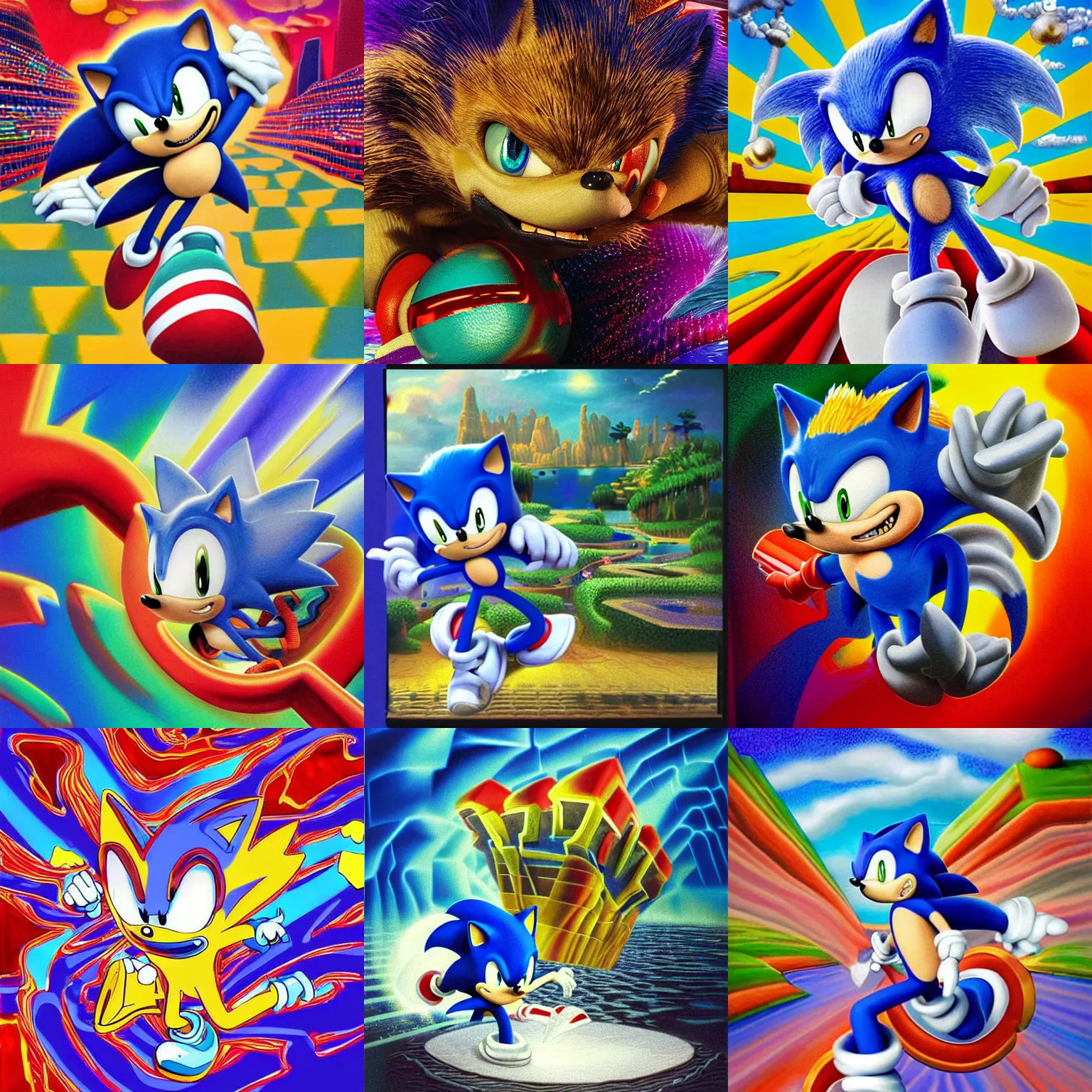 Prompt: portrait of sonic hedgehog and a matte painting landscape of a surreal, sharp, detailed professional, soft pastels, high quality airbrush art album cover of a liquid dissolving airbrush art lsd dmt sonic the hedgehog swimming through cyberspace, holo checkerboard background, 1 9 9 0 s 1 9 9 2 sega genesis rareware video game album cover