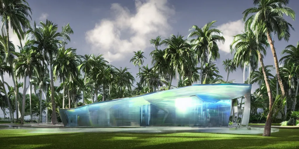 Prompt: futuristic translucent iridescent mosque exterior, hive power architecture, lush lawn, palm trees, by Buckminster Fuller and photo by denis villeneuve , inspired by Mining by Risa lin on art station