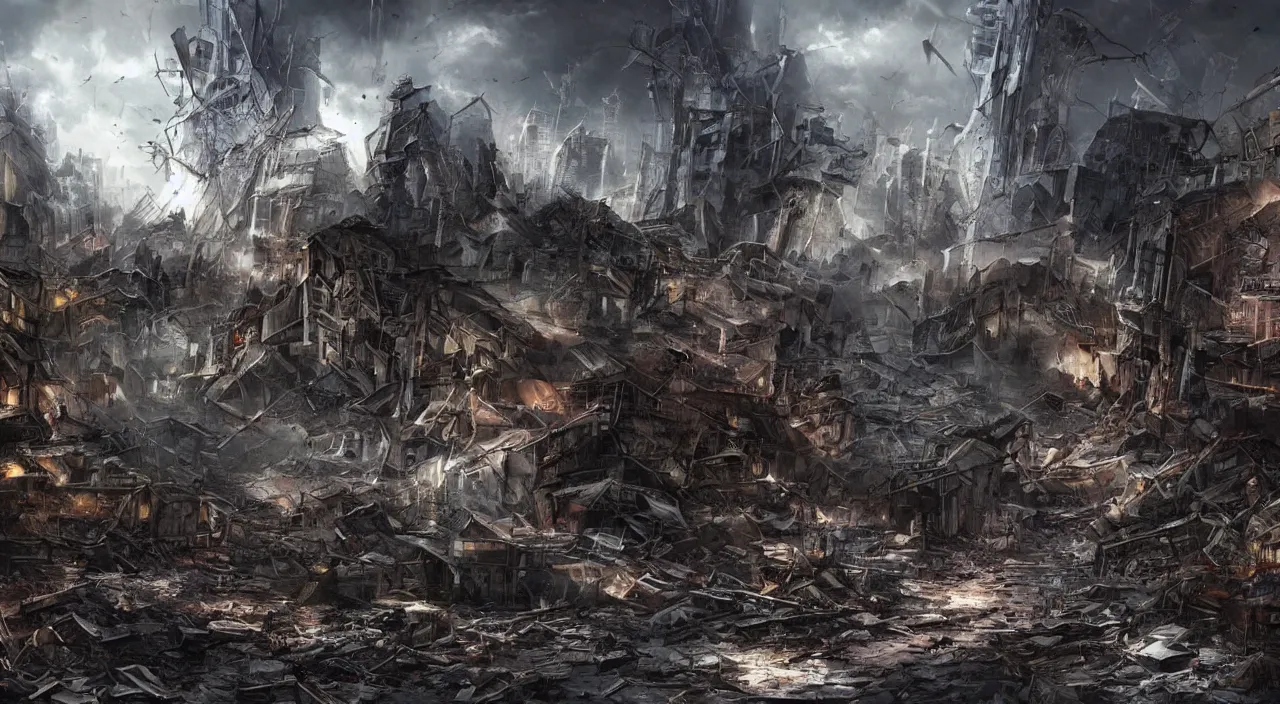 Image similar to damaged city, high - tech, concept art, forest, tornado, war,, high resolution, evil