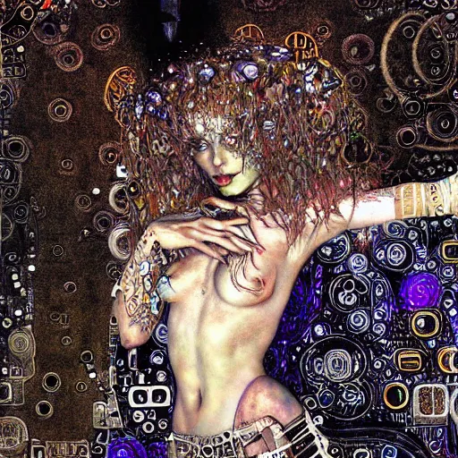 Prompt: depraved cybernetic demon tripping on lsd, circuitry, intricate detail, klimt, royo,