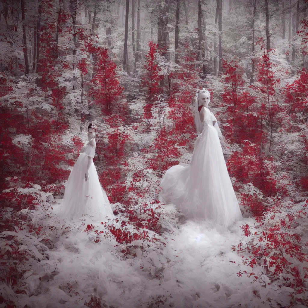 Prompt: extremely detailed picture of a princess wearing all white in a red forest, octane render, aesthetic