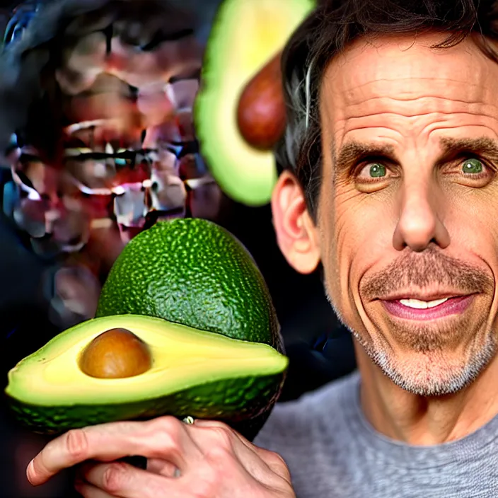 Image similar to ben stiller in the lotus position balancing stack of avocado on his head