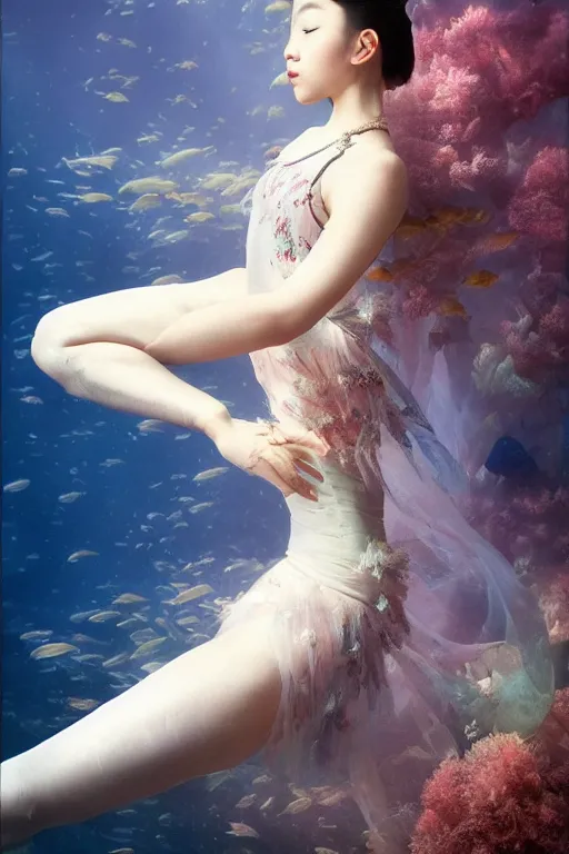 Image similar to stunningly beautiful, asian prima ballerina at the bottom of the great barrier reef, smooth, focus, highly detailed, hyper realistic, dramatic lighting, intricate, concept art, art by wlop, mars ravelo