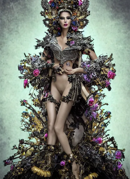 Image similar to expressive full body photo of a miss universe in creative costume, ornate headpiece made from flowers, ornaments, glamour shot by stefan gesell, photorealistic, canon r 3, fashion photography, hyper maximalist, sharp focus, ornate, elegant, luxury and elite, environmental portrait, symmetrical features, octane render, unreal engine, solid dark grey background, dramatic lights