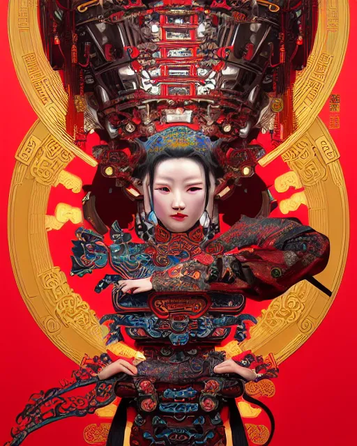 Image similar to portrait of a chinese cyberpunk machine, machine face, arms, upper half portrait, decorated with chinese opera motifs, regal, asian, fine china, wuxia, traditional chinese art intricate intense elegant 京 剧 highly detailed digital painting artstation concept art smooth sharp focus illustration, art by artgerm and greg rutkowski alphonse mucha 8 k