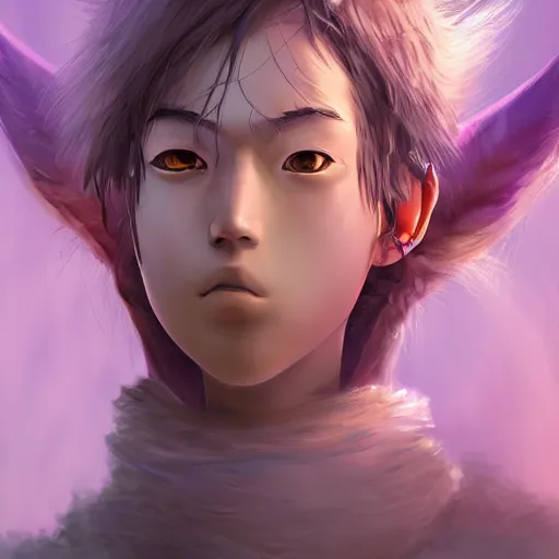 Image similar to A professional digital portrait painting of a D&D druid, painted by Hayao Miyazaki, 4k, digital art, trending on cgsociety, highly detailed, upper body shot, shallow depth of field, purple and yellow lighting, professional lighting, airbrush,