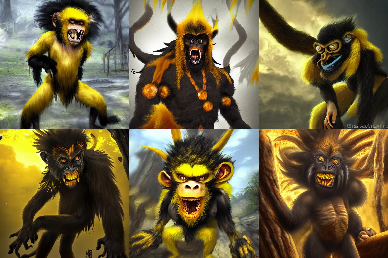 Prompt: hyperrealistic full body portrait of very powerful yellow and black mad monkey Rajang in a dreamlike ruined village, award-winning digital art on Pixiv, trending on Artstation