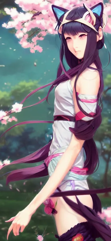 Image similar to a league of legends concept art of a cute girl with cat ears wearing kimono at a sakura tree, art by cushart krentz and greg rutkowski, 8 k resolution, high quality, highly detailed, long hair, fantasy style, empty background, illustration, hyperrealism, octane render, commission art, trending on artstation, pinterest