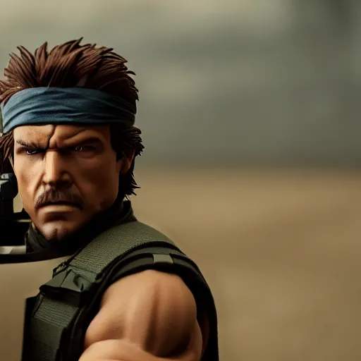 Prompt: film still of Solid Snake, sigma 85mm f/1.4, 4k, depth of field, high resolution, 4k, 8k, hd, full color