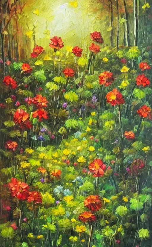 Image similar to hungry flowers in the forest, oil painting by the best painter, emotional, amazing lightning