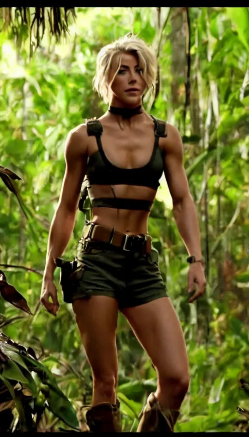 Image similar to cinematic action scene with julianne hough as a commando in the jungle, crop top, boy shorts, boots, dramatic smoke, still frame