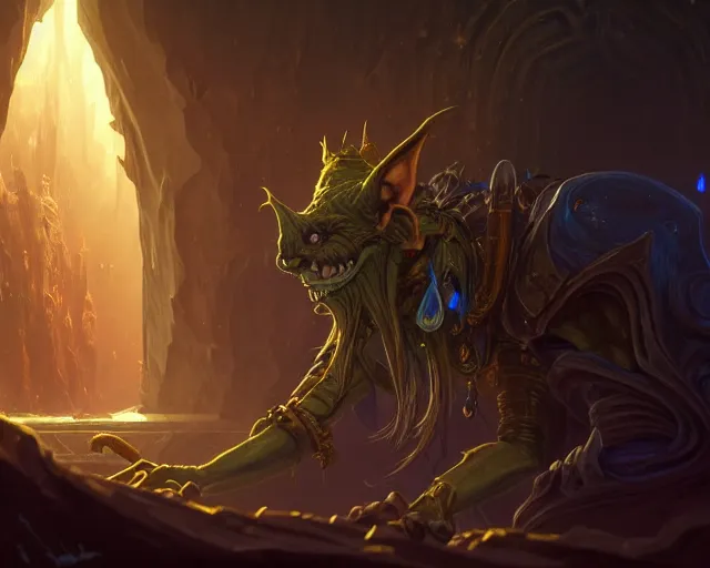 Image similar to a 4 k cinematic screenshot still portrait of a goblin in a dark liminal space room surrounded by gold, deep focus, d & d, fantasy, intricate, elegant, highly detailed, digital painting, art station, concept art, matte, sharp focus, illustration, dark fantasy style art, hearthstone, art by artgerm and greg rutkowski and alphonse mucha