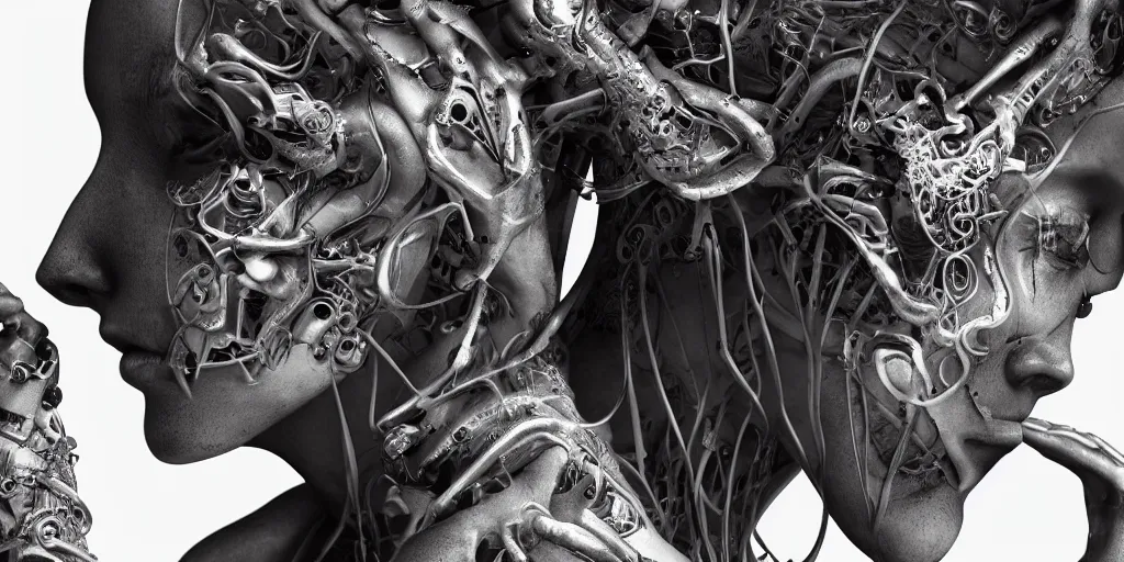 Image similar to hyper realistic photography of a stunningly cyborg female, intimate, holding close, in the style of beth cavener, jin kagetsu,, and wlop, highly detailed, intricate filigree, chrome face symmetry, masterpiece, award - winning, sharp focus, concept art, high key, ambient lighting, 8 k, octane render,