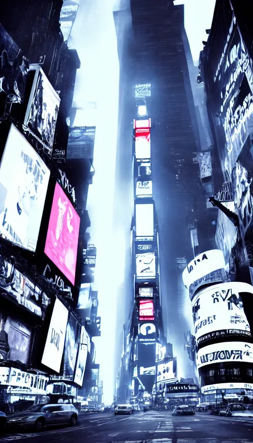 Image similar to 8k high resolution photograph of cyber punk New York Times Square on a foggy night, futuristic, wires hanging across the street, flying cars, neon signs,