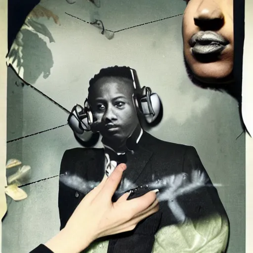 Image similar to dj rashad, collage, portrait, by toshiko okanoue