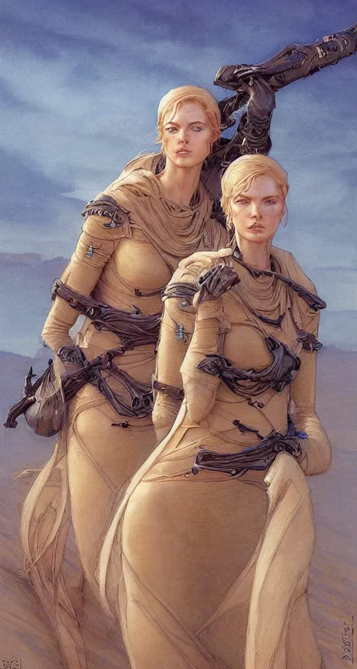 Image similar to beautiful female fremen on dune, by edgar maxence artgerm ross tran and michael whelan and gustav klimpt