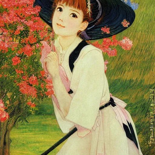 Image similar to Sakura from Cardcaptor Sakura painting masterpiece by vasnetsov and surikov, JEAN-VICTOR BERTIN, by Terence Cuneo