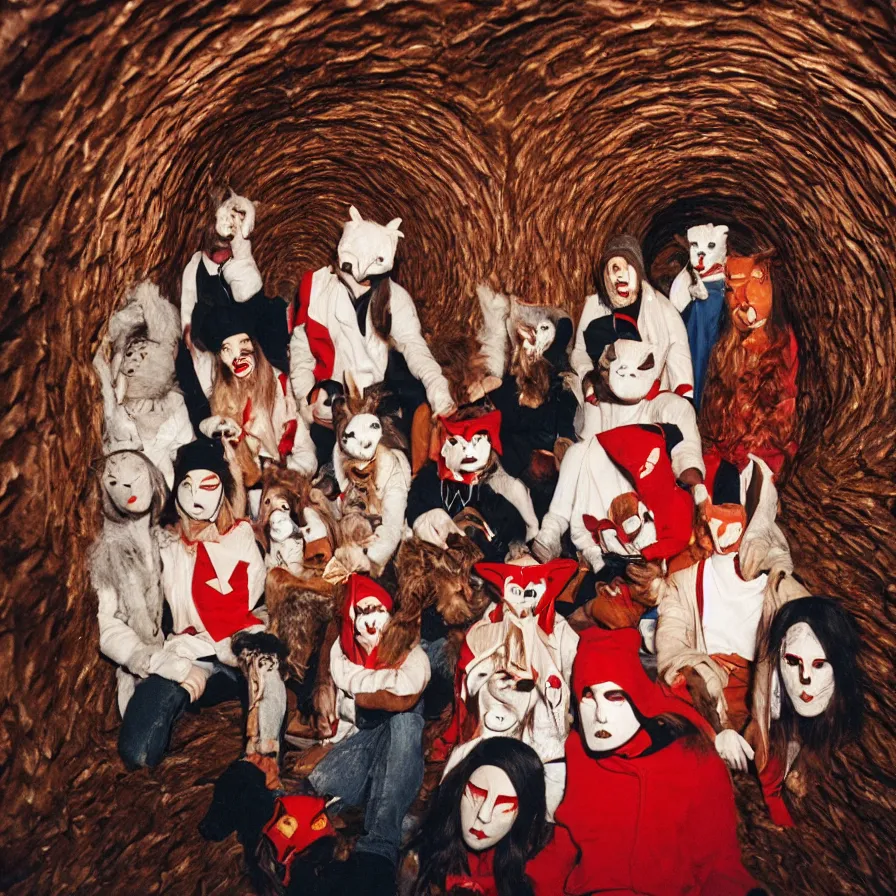 Image similar to cult members with taxidermic moth masks and red peak hood in a spiral tunnel, cinestill 8 0 0 t 3 5 mm, heavy grain, high quality, high detail