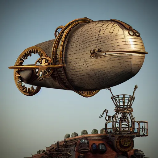 Prompt: steampunk airship in the sky, 35mm 8k product photo