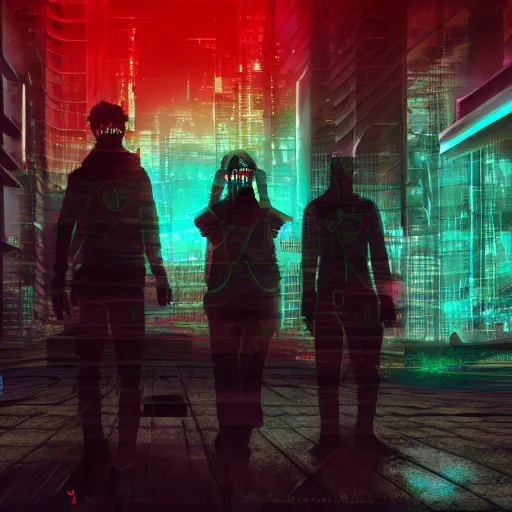 Image similar to anime al qaeda, 3 5 mm film still, wired landscape, cyberpunk, volumetric lighting, photo realistic, digital art, anime background, red colour palette, very detailed faces