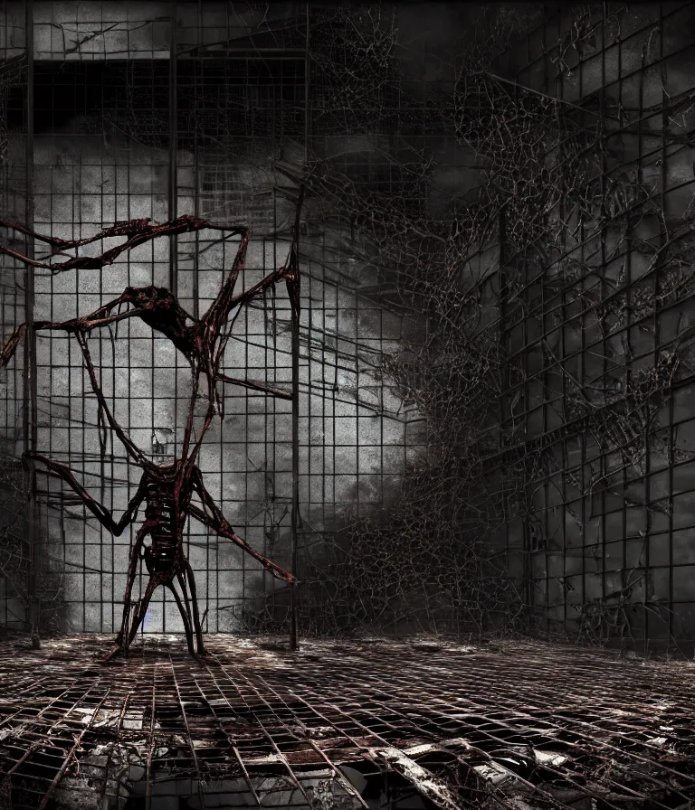 Image similar to Creepy huge suffering humanoid with long limbs sits on the floor. An underground very dark gloomy multi-layered structure of rusty thick iron grates, dense chain-link fencing and peeling walls. Inside view, collapsed floors, bent rusted iron, masterpiece, black background, corners, cinematic, hyperdetailed, photorealistic, hyperrealism, octane render, 8k, depth of field, bokeh, architecture, shadows, art by Zdzisław Beksiński, Dariusz Zawadzki