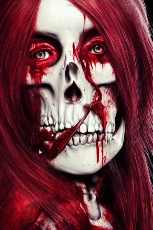 Image similar to skeleton black bones!!, covered with blood, jessica nigri face!!, long red hair, ultra realistic, concept art, intricate details, highly detailed, photorealistic, octane render, 8 k, unreal engine. retro film still, heavy grain, 3 5 mm, art by artgerm and greg rutkowski and alphonse mucha