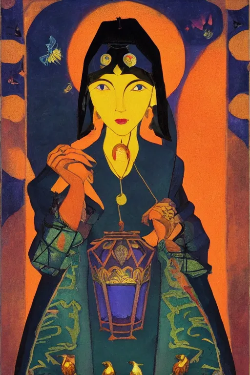 Image similar to queen of night with her lantern and birds, by Nicholas Roerich, black leather and embroidered velvet, iridescent beetles, rich color, dramatic cinematic lighting, extremely detailed