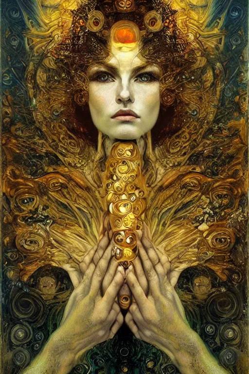 Image similar to Divine Chaos Engine by Karol Bak, Jean Deville, Gustav Klimt, and Vincent Van Gogh, beautiful visionary mystical portrait, sacred, otherworldly, fractal structures, ornate gilded medieval icon, third eye, spirals