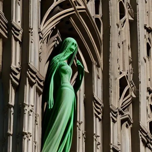 Prompt: architectural shot, no decaying lines, alabaster gothic cathedral, gothic emerald female statue, intricate arabesque detailed silk dressed, macro head face