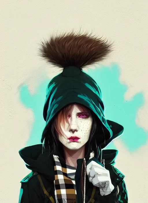Image similar to highly detailed portrait of a sewer punk lady student, white eyes, burberry hoody, hat, white hair by atey ghailan, by greg rutkowski, by greg, tocchini, by james gilleard, by joe fenton, by kaethe butcher, gradient yellow, black, brown and cyan color scheme, grunge aesthetic!!! ( ( graffiti tag wall background ) )