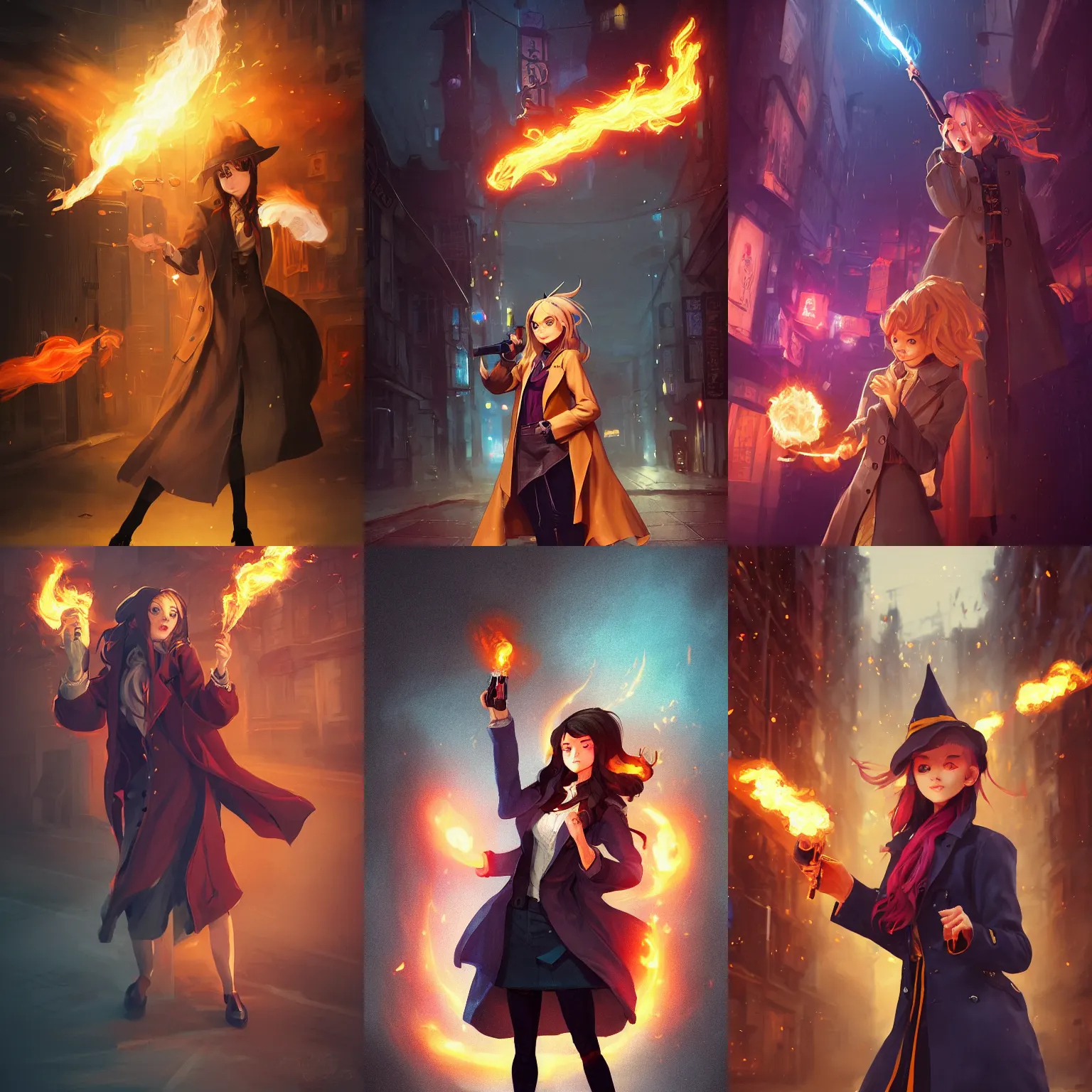 Prompt: a portrait of a cute female wizard wearing a flowing very stylish trenchcoat, grasping a fireball in one hand and a large revolver in the other hand, fireball lighting her face, embers flying, urban fantasy setting, narrow street, vivid colors, warm lighting, atmospheric, cinematic, moody, in the style of Ilya Kuvshinov and Range Murata, Krenz Cushart, rule of thirds, oil on canvas, 8k