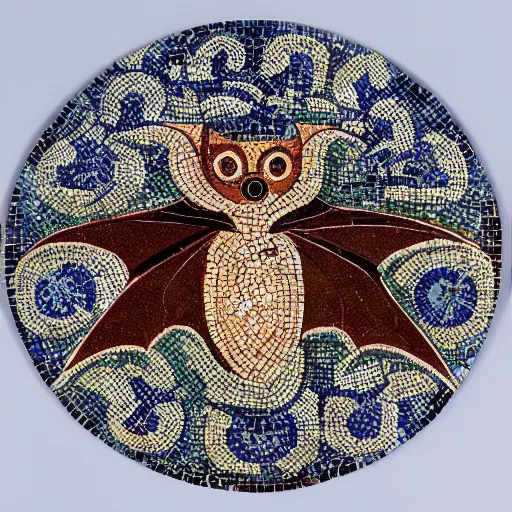 Image similar to medium shot Mosaic depicting a cute realistic adorable vampire bat big eyes, realistic wings, looking left, round blue background, from Italica, AD 176-275. Archaeological Museum, Seville. Byzantine mosaics, highly detailed, HQ, HD, beautiful, National Geographic,