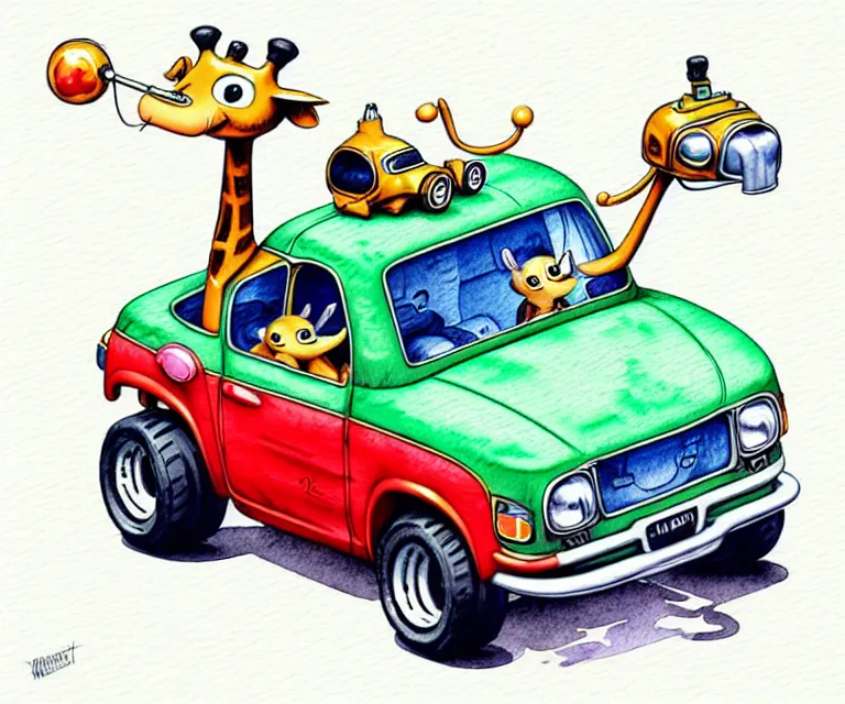 Image similar to cute and funny, giraffe wearing a helmet riding in a tiny hot rod with oversized engine, ratfink style by ed roth, centered award winning watercolor pen illustration, isometric illustration by chihiro iwasaki, edited by range murata, tiny details by artgerm and watercolor girl, symmetrically isometrically centered