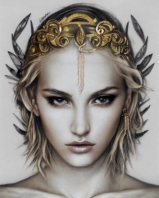 Prompt: tattoo sketch of beautiful super model aphrodite greek goddess wearing a gold laurel wreath and triangle earrings,, beautiful piercing gaze with sharp pupils, beautiful blonde hair, in the style of greg rutkowski, fantasy, amazing detail, epic, elegant, smooth, sharp focus, front view