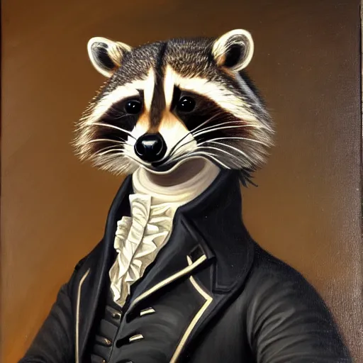 Prompt: a head and shoulders portrait painting of an anthropomorphic!!!!!!!!!! raccoon!!!!!!!!!! wearing a colonial outfit without a hat looking off camera, a character portrait, american romanticism, oil on canvas, soft focus